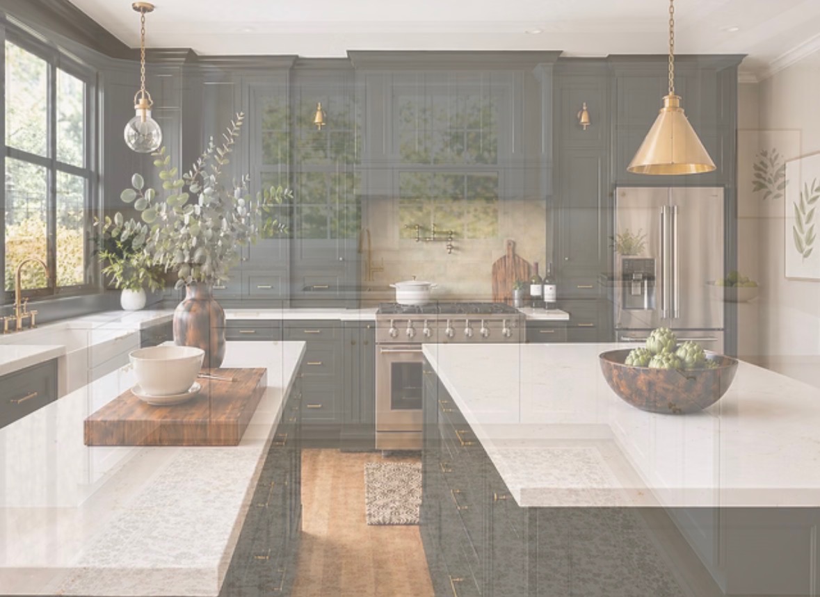 White shaker galley kitchen with walnut island, custom cabinetry